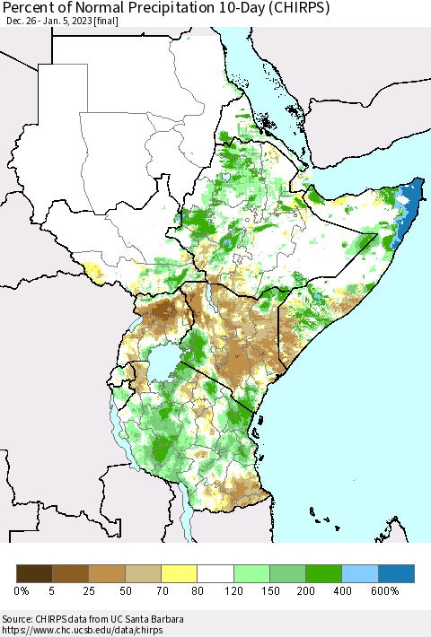 Eastern Africa Percent of Normal Precipitation 10-Day (CHIRPS) Thematic Map For 12/26/2022 - 1/5/2023
