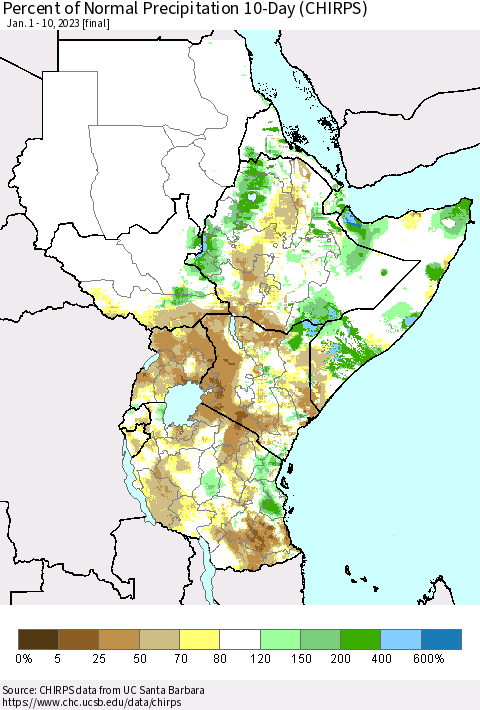 Eastern Africa Percent of Normal Precipitation 10-Day (CHIRPS) Thematic Map For 1/1/2023 - 1/10/2023