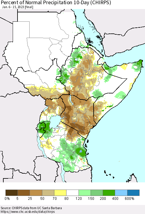 Eastern Africa Percent of Normal Precipitation 10-Day (CHIRPS) Thematic Map For 1/6/2023 - 1/15/2023