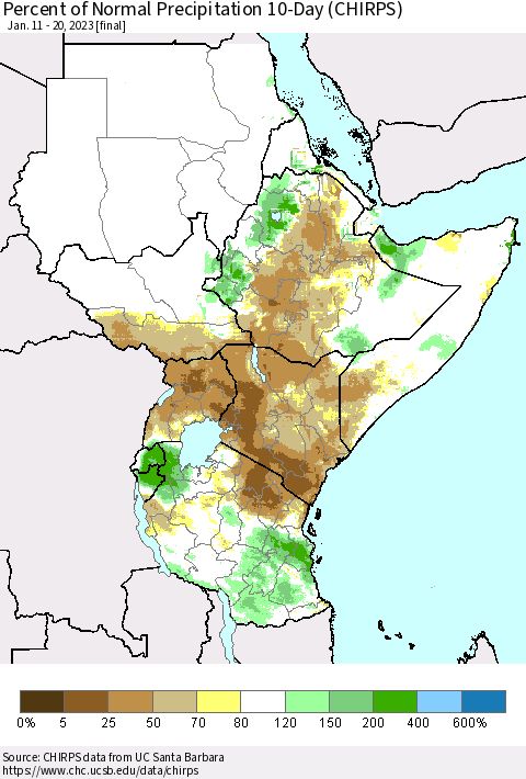 Eastern Africa Percent of Normal Precipitation 10-Day (CHIRPS) Thematic Map For 1/11/2023 - 1/20/2023