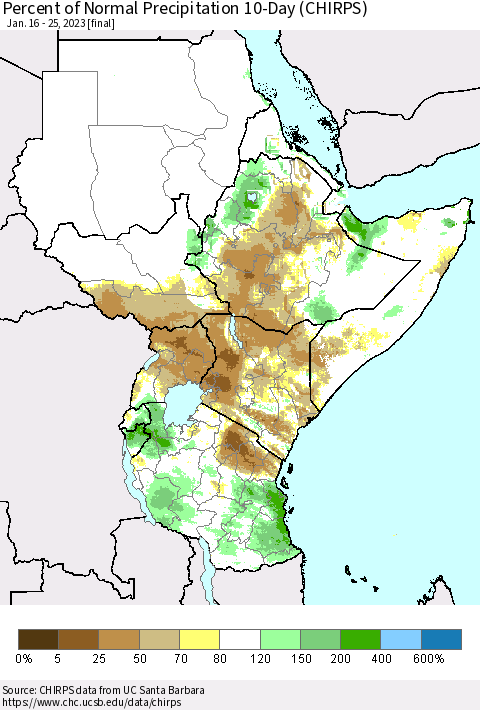Eastern Africa Percent of Normal Precipitation 10-Day (CHIRPS) Thematic Map For 1/16/2023 - 1/25/2023