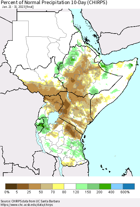 Eastern Africa Percent of Normal Precipitation 10-Day (CHIRPS) Thematic Map For 1/21/2023 - 1/31/2023