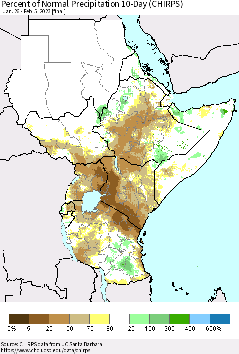 Eastern Africa Percent of Normal Precipitation 10-Day (CHIRPS) Thematic Map For 1/26/2023 - 2/5/2023