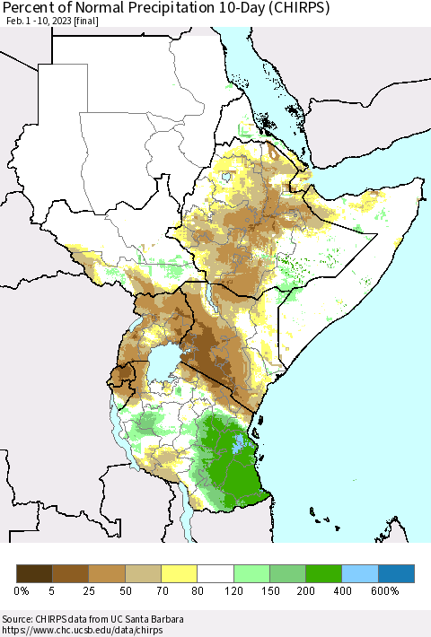 Eastern Africa Percent of Normal Precipitation 10-Day (CHIRPS) Thematic Map For 2/1/2023 - 2/10/2023