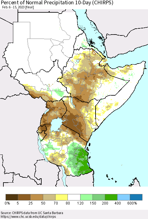 Eastern Africa Percent of Normal Precipitation 10-Day (CHIRPS) Thematic Map For 2/6/2023 - 2/15/2023