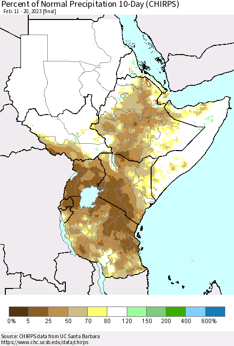 Eastern Africa Percent of Normal Precipitation 10-Day (CHIRPS) Thematic Map For 2/11/2023 - 2/20/2023