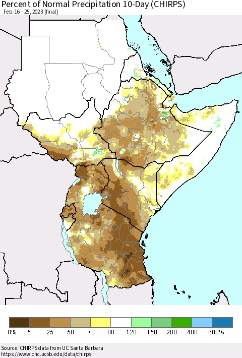 Eastern Africa Percent of Normal Precipitation 10-Day (CHIRPS) Thematic Map For 2/16/2023 - 2/25/2023