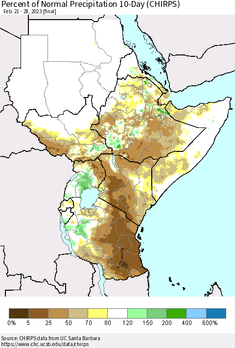 Eastern Africa Percent of Normal Precipitation 10-Day (CHIRPS) Thematic Map For 2/21/2023 - 2/28/2023