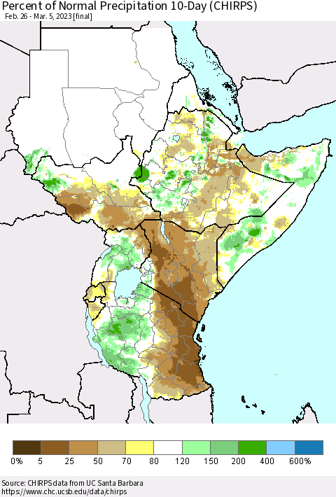 Eastern Africa Percent of Normal Precipitation 10-Day (CHIRPS) Thematic Map For 2/26/2023 - 3/5/2023