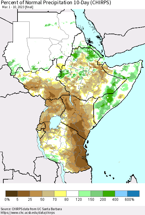 Eastern Africa Percent of Normal Precipitation 10-Day (CHIRPS) Thematic Map For 3/1/2023 - 3/10/2023