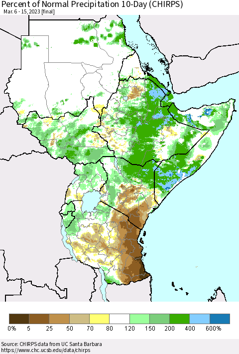 Eastern Africa Percent of Normal Precipitation 10-Day (CHIRPS) Thematic Map For 3/6/2023 - 3/15/2023