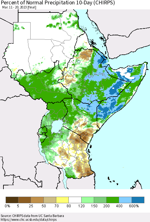Eastern Africa Percent of Normal Precipitation 10-Day (CHIRPS) Thematic Map For 3/11/2023 - 3/20/2023