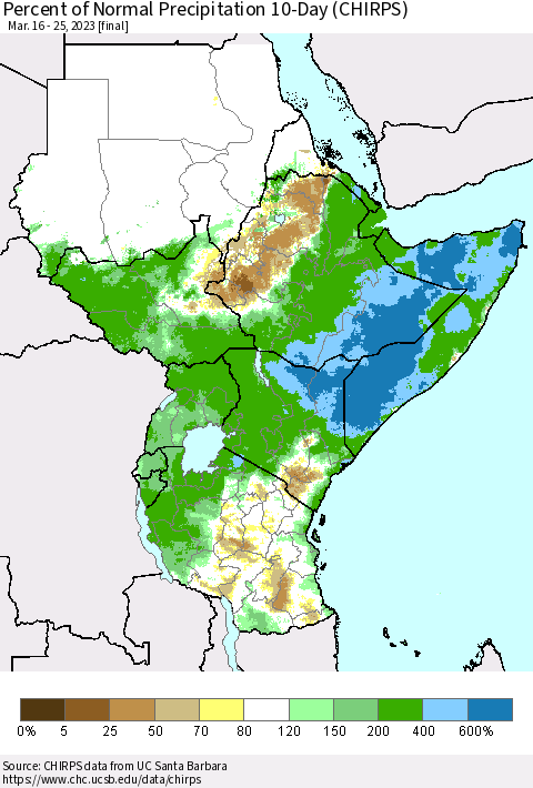 Eastern Africa Percent of Normal Precipitation 10-Day (CHIRPS) Thematic Map For 3/16/2023 - 3/25/2023