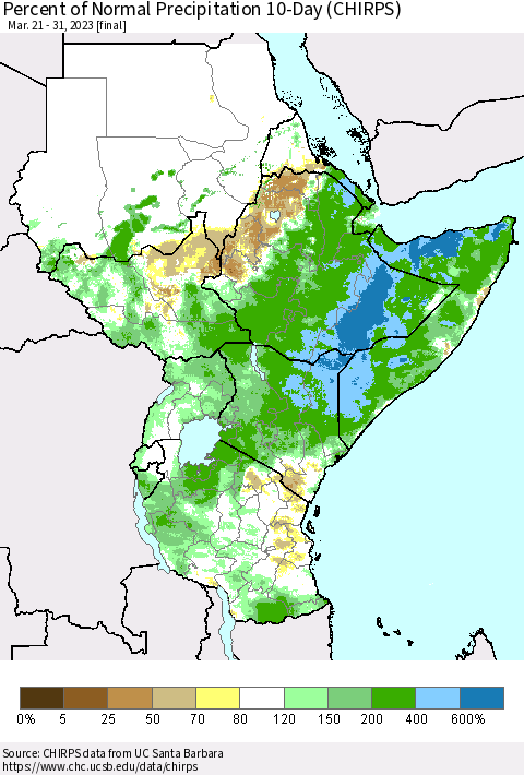Eastern Africa Percent of Normal Precipitation 10-Day (CHIRPS) Thematic Map For 3/21/2023 - 3/31/2023