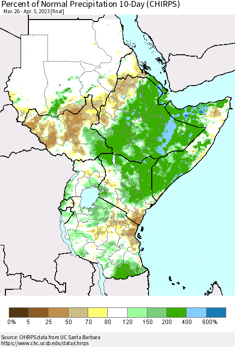 Eastern Africa Percent of Normal Precipitation 10-Day (CHIRPS) Thematic Map For 3/26/2023 - 4/5/2023