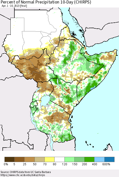 Eastern Africa Percent of Normal Precipitation 10-Day (CHIRPS) Thematic Map For 4/1/2023 - 4/10/2023
