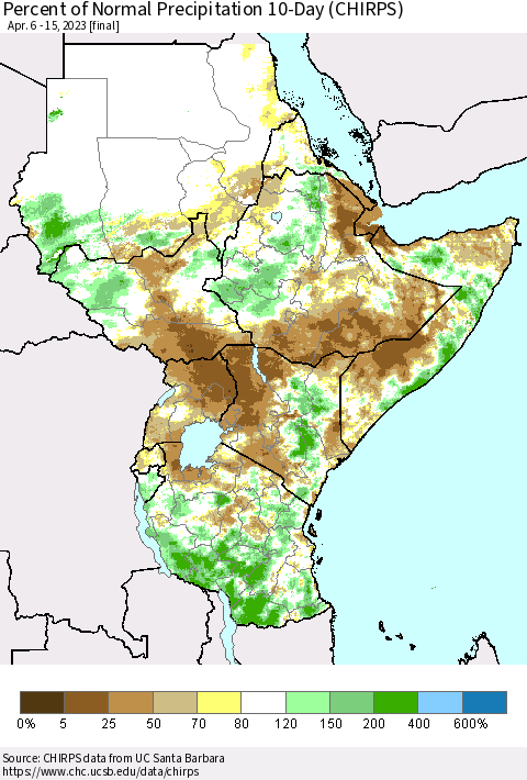 Eastern Africa Percent of Normal Precipitation 10-Day (CHIRPS) Thematic Map For 4/6/2023 - 4/15/2023