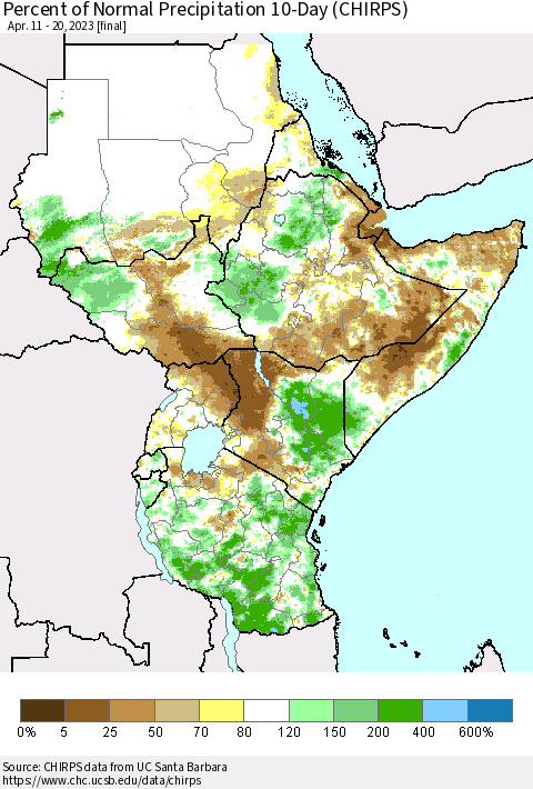 Eastern Africa Percent of Normal Precipitation 10-Day (CHIRPS) Thematic Map For 4/11/2023 - 4/20/2023