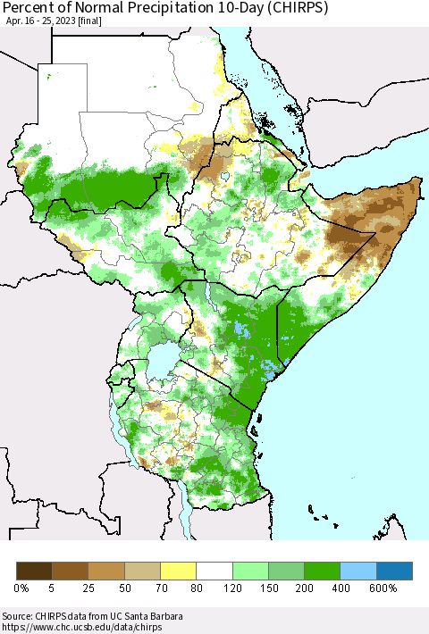 Eastern Africa Percent of Normal Precipitation 10-Day (CHIRPS) Thematic Map For 4/16/2023 - 4/25/2023