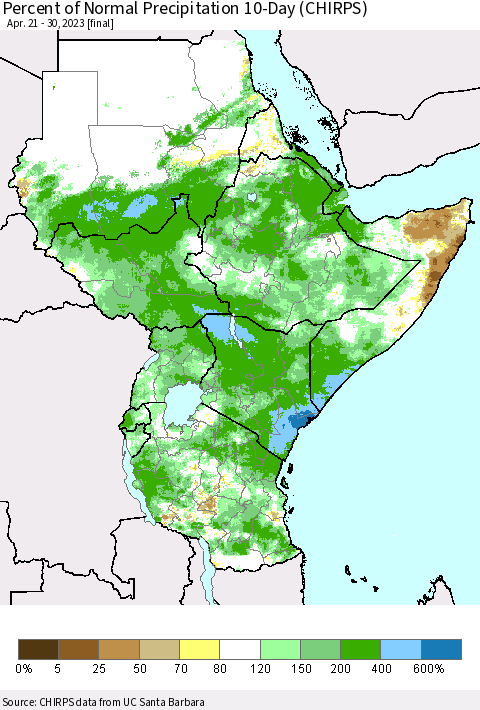 Eastern Africa Percent of Normal Precipitation 10-Day (CHIRPS) Thematic Map For 4/21/2023 - 4/30/2023