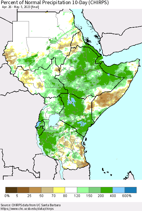 Eastern Africa Percent of Normal Precipitation 10-Day (CHIRPS) Thematic Map For 4/26/2023 - 5/5/2023