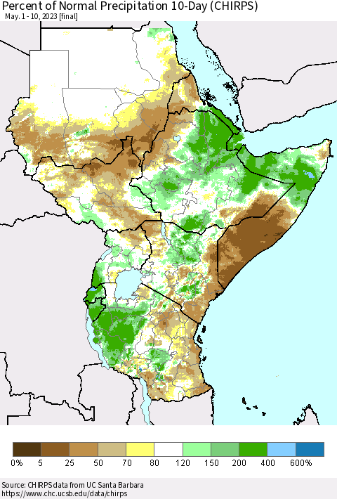 Eastern Africa Percent of Normal Precipitation 10-Day (CHIRPS) Thematic Map For 5/1/2023 - 5/10/2023