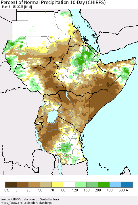 Eastern Africa Percent of Normal Precipitation 10-Day (CHIRPS) Thematic Map For 5/6/2023 - 5/15/2023
