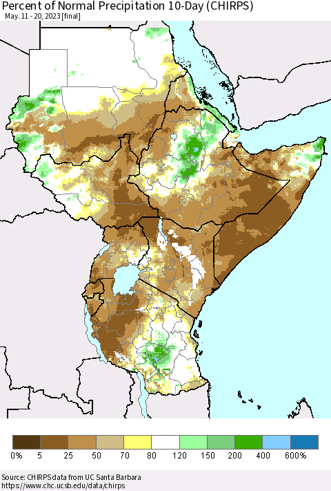 Eastern Africa Percent of Normal Precipitation 10-Day (CHIRPS) Thematic Map For 5/11/2023 - 5/20/2023