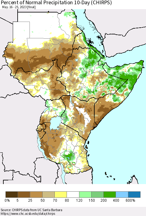 Eastern Africa Percent of Normal Precipitation 10-Day (CHIRPS) Thematic Map For 5/16/2023 - 5/25/2023