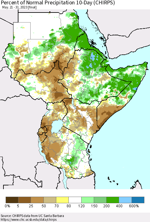 Eastern Africa Percent of Normal Precipitation 10-Day (CHIRPS) Thematic Map For 5/21/2023 - 5/31/2023
