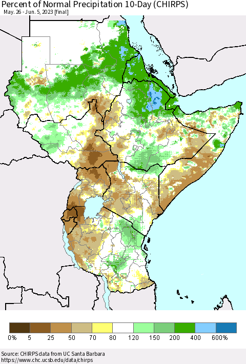 Eastern Africa Percent of Normal Precipitation 10-Day (CHIRPS) Thematic Map For 5/26/2023 - 6/5/2023