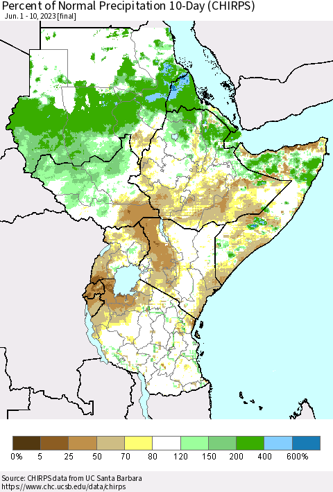 Eastern Africa Percent of Normal Precipitation 10-Day (CHIRPS) Thematic Map For 6/1/2023 - 6/10/2023