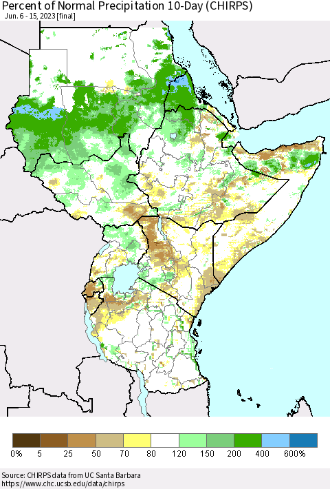 Eastern Africa Percent of Normal Precipitation 10-Day (CHIRPS) Thematic Map For 6/6/2023 - 6/15/2023