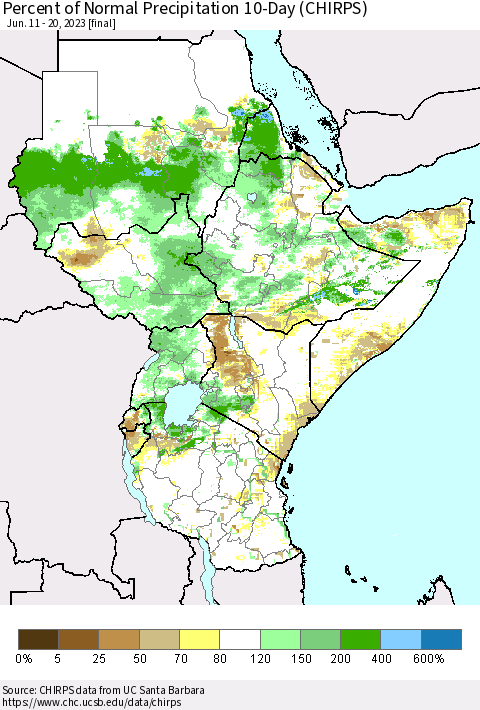 Eastern Africa Percent of Normal Precipitation 10-Day (CHIRPS) Thematic Map For 6/11/2023 - 6/20/2023
