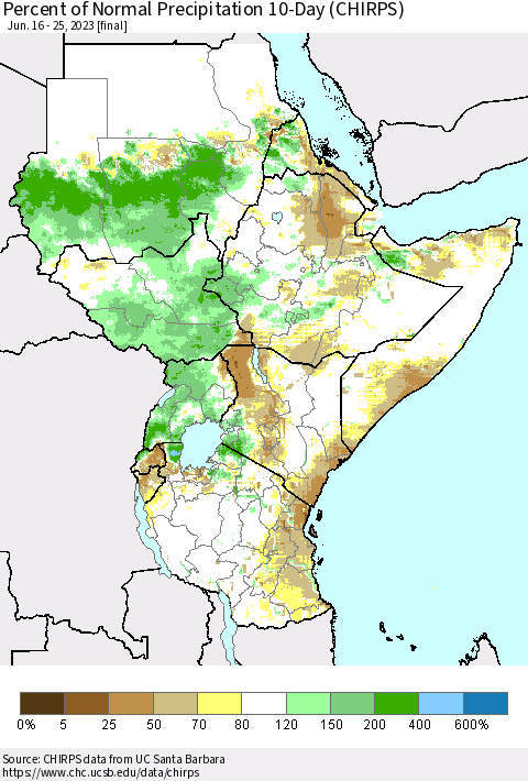 Eastern Africa Percent of Normal Precipitation 10-Day (CHIRPS) Thematic Map For 6/16/2023 - 6/25/2023