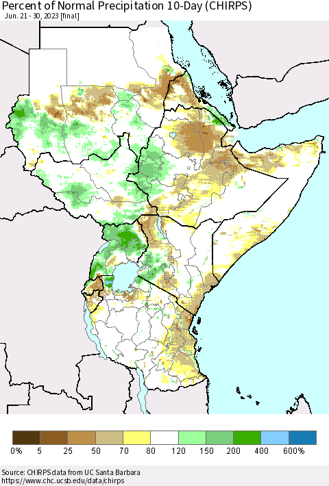 Eastern Africa Percent of Normal Precipitation 10-Day (CHIRPS) Thematic Map For 6/21/2023 - 6/30/2023