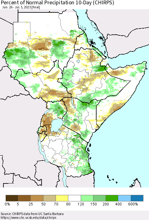 Eastern Africa Percent of Normal Precipitation 10-Day (CHIRPS) Thematic Map For 6/26/2023 - 7/5/2023