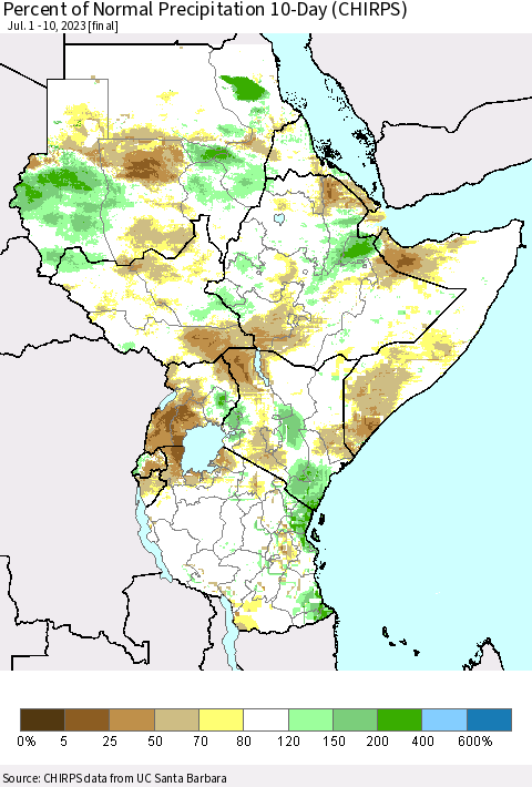Eastern Africa Percent of Normal Precipitation 10-Day (CHIRPS) Thematic Map For 7/1/2023 - 7/10/2023
