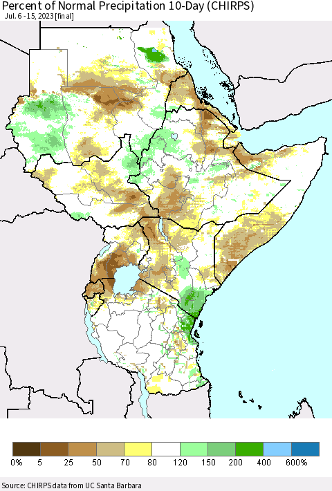 Eastern Africa Percent of Normal Precipitation 10-Day (CHIRPS) Thematic Map For 7/6/2023 - 7/15/2023