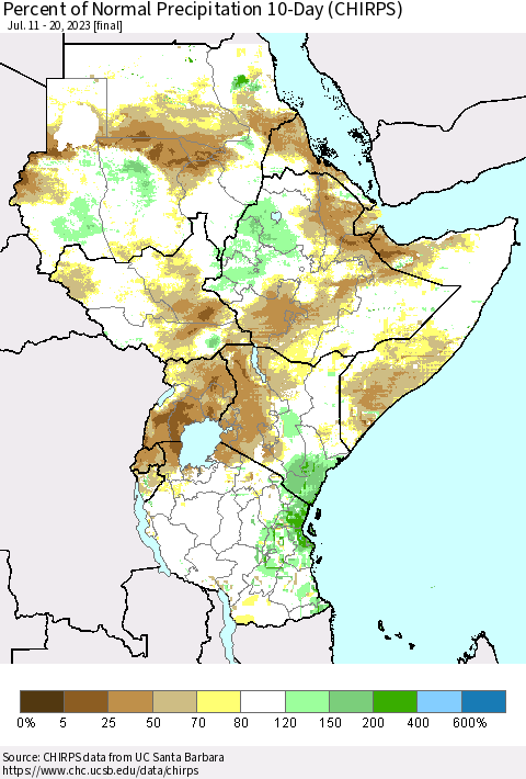 Eastern Africa Percent of Normal Precipitation 10-Day (CHIRPS) Thematic Map For 7/11/2023 - 7/20/2023