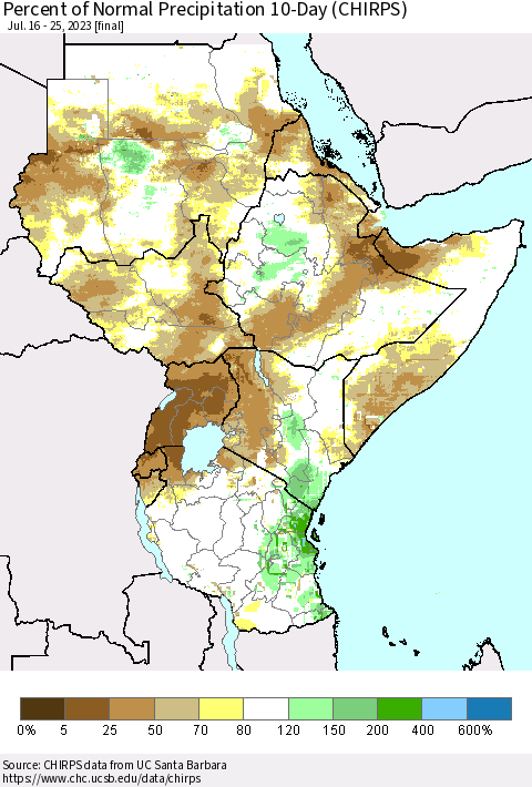 Eastern Africa Percent of Normal Precipitation 10-Day (CHIRPS) Thematic Map For 7/16/2023 - 7/25/2023
