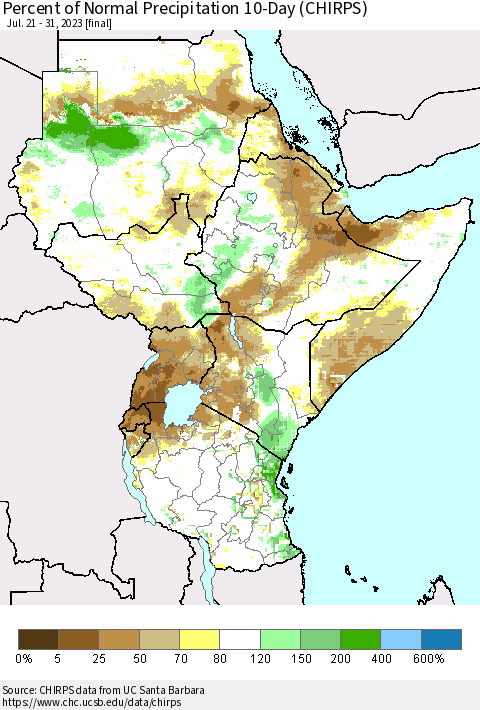 Eastern Africa Percent of Normal Precipitation 10-Day (CHIRPS) Thematic Map For 7/21/2023 - 7/31/2023