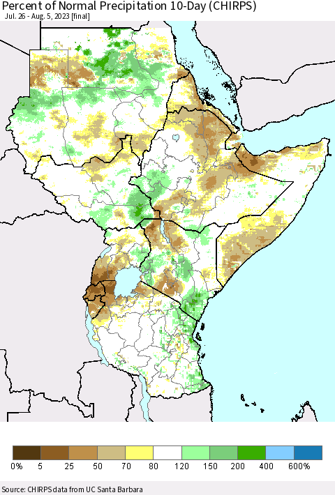 Eastern Africa Percent of Normal Precipitation 10-Day (CHIRPS) Thematic Map For 7/26/2023 - 8/5/2023