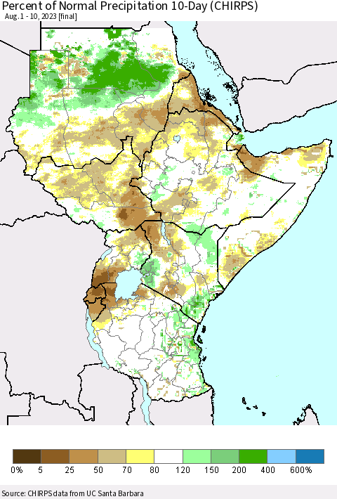 Eastern Africa Percent of Normal Precipitation 10-Day (CHIRPS) Thematic Map For 8/1/2023 - 8/10/2023