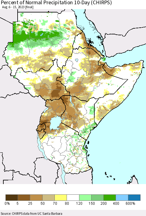 Eastern Africa Percent of Normal Precipitation 10-Day (CHIRPS) Thematic Map For 8/6/2023 - 8/15/2023