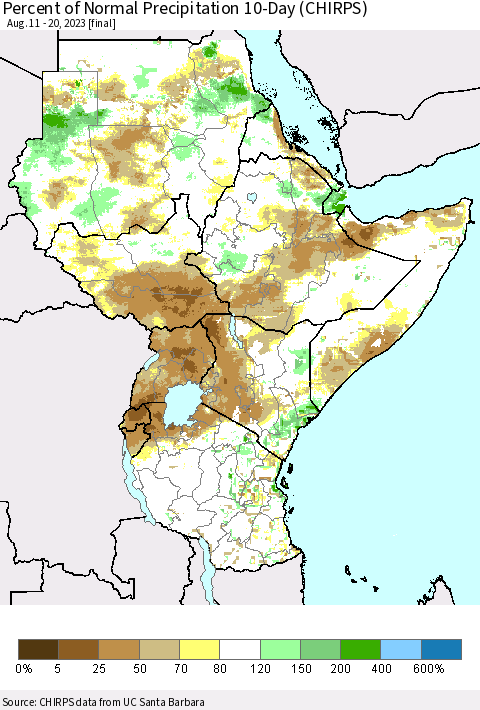 Eastern Africa Percent of Normal Precipitation 10-Day (CHIRPS) Thematic Map For 8/11/2023 - 8/20/2023