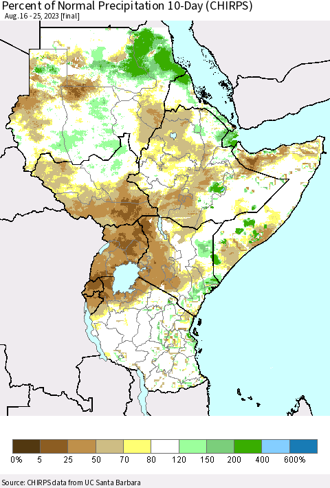 Eastern Africa Percent of Normal Precipitation 10-Day (CHIRPS) Thematic Map For 8/16/2023 - 8/25/2023