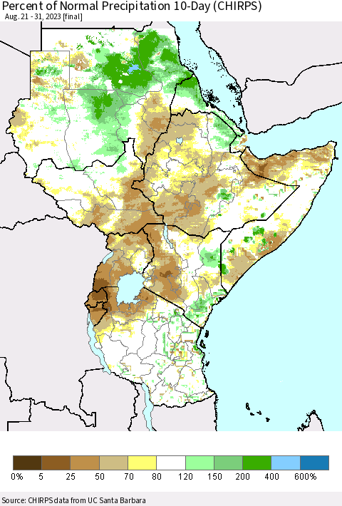Eastern Africa Percent of Normal Precipitation 10-Day (CHIRPS) Thematic Map For 8/21/2023 - 8/31/2023