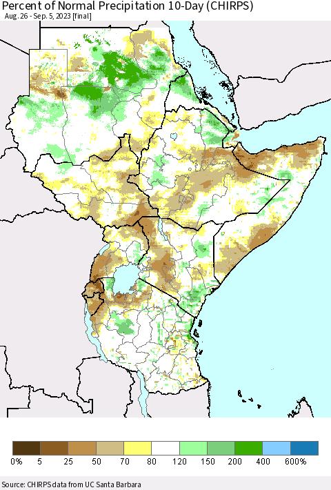 Eastern Africa Percent of Normal Precipitation 10-Day (CHIRPS) Thematic Map For 8/26/2023 - 9/5/2023