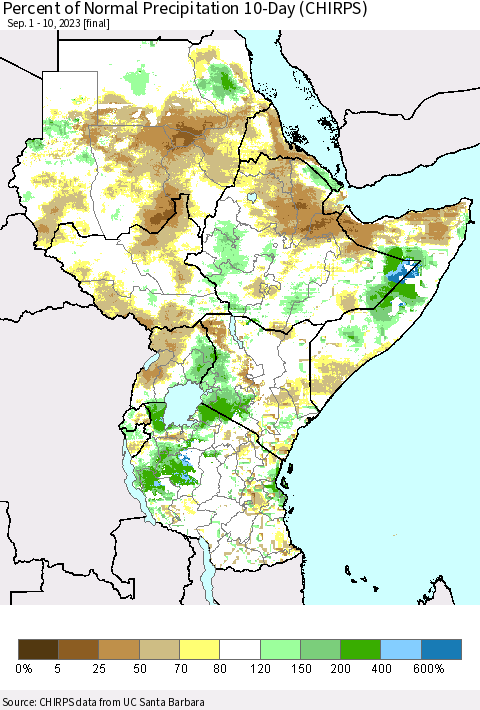 Eastern Africa Percent of Normal Precipitation 10-Day (CHIRPS) Thematic Map For 9/1/2023 - 9/10/2023